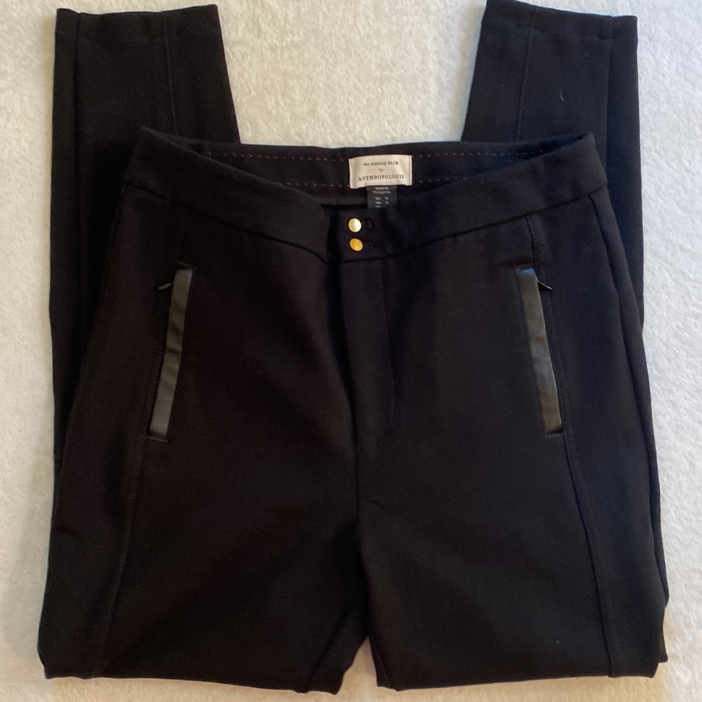 Anthropologie faux leather trim Essential Slim black knit pants Sz 4 EUC